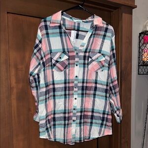 Maurices Button Down Top-Pink,Teal, Mint, Cream Plaid
